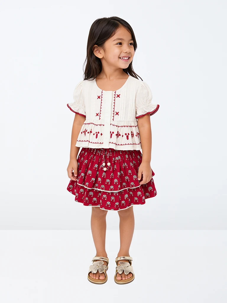 Kids Girls Red Floral Printed Tiered Cotton Skirt - (2-8 yrs)